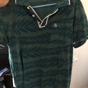 Penguin polo shirt Hawaiian flowers green aqua